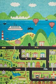 Resim Pelangi Araba Yollu Trafik Yolu Eğitici Oyun Halısı Dijital Baskılı Kaymaz Taban Çocuk Odası Halısı 