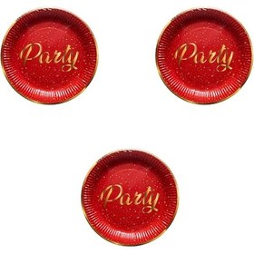 Resim Roll-up Parti Doğum Günü Işıltılı Kırmızı Party Yazılı Karton Tabak - 22 Cm. - 8 Adetlik 3 Paket Kırmızı 