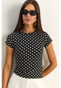 Resim Shade Kadın Bisiklet Yaka Puantiyeli Kısa Kollu Likralı Crop T-shirt 6137 60286127 - Siyah-beyaz Siyah - Beyaz 