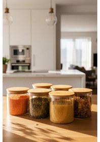 Resim Snippy Melo - 6'lı Bambu Vakum Kapaklı Orta Boy Cam Saklama Kabı Seti Bakliyat Erzak Kavanozu 680 Ml Şeffaf 