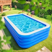 Resim Ekstra Büyük 4 Katmanlı Şişme Havuz - Katlanabilir PVC Güneş Koruma Malzemesi, 4 Kişilik, Mavi ve Beyaz Dikdörtgen Tasarım, Pürüzsüz Yüzey, Bahçe, Plaj, Kamp & Açık Hava Su Etkinlikleri İçin İdeal, Hızlı Kurulum 
