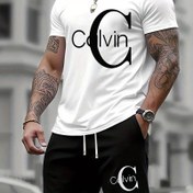 Resim Erkek Yaz T-Shirti Calvin Baskılı İki Parça Seti, Erkek Moda Rahat Kısa Kollu Trendy Sweatshirt Çok Yönlü Kıyafet 
