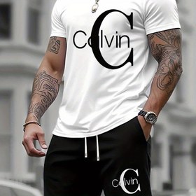 Resim Erkek Yaz T-Shirti Calvin Baskılı İki Parça Seti, Erkek Moda Rahat Kısa Kollu Trendy Sweatshirt Çok Yönlü Kıyafet 