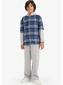 Resim Defacto Erkek Çocuk 2li Takım Çıkarılabilir Kapüşonlu Kareli Gömlek Eşofman Altı G3272a825wnın231 İndigo-ın231 
