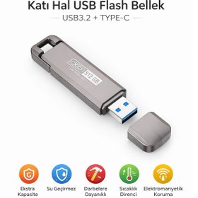 Resim 512 Gb Flash Bellek, Usb 3.2 + Type-c, 500mb/s Okuma, 450mb/s Yazma Hızı, Çift Bağlantı Noktalı, Darbeye Dayanıklı, Anti Manyetik, Sıcaklığa Dayanık - 