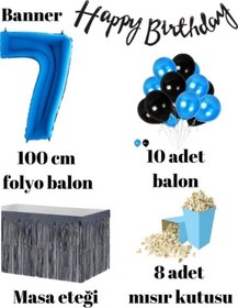 Resim 7 Yaş Mavi-siyah Balon Rakam Folyo Banner Mısır Kutusu Masa Eteği 