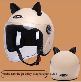 Resim Yy Kahverengi Lens-SK5882 Açık Motosiklet Kaskı Haki Siyah Kedi Kulakları 