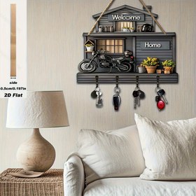 Resim 2D Düz, Siyah Çadır Retro Motosiklet Hoşgeldiniz İşareti Mini Çiçek Evi, Basit Renkli Ahşap, Zarif Ev Anahtar Askısı, Dört Metal saç tokası ile, Duvar Dekorasyonu, Veranda Dekorasyonu, Oda Dekorasyonu, Villa Dekorasyonu, Dört Mevsim Çok Fonksiyonlu Ev Dekorasyonu 30cm×23cm 