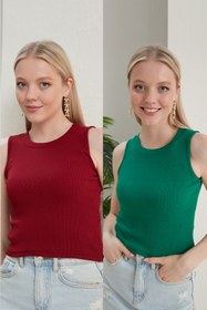 Resim CATSPY Kadın Bordo Yeşil Halter Yaka 2'li Crop Bluz 