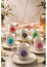 Resim 6 Kişilik Beyaz Porselen Renkli Lotus Lüks Kahve Fincan Takımı Seti 100ml 