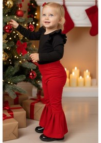 Resim Kız Çocuk Kırmızı İspanyol Paça Yüksek Bel Lastikli Tayt Pantolon Kırmızı 