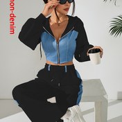 Resim Kadın Şık İki Parça Takım - Uzun Kollu Kapüşonlu Crop Top & Geniş Paça Pantolon, Renk Bloklu Tasarım, Cepli ve İpli Bel, İlkbahar/Yaz Günlük Giyim için Mükemmel, Günlük Giyim|Renk Bloklu Üst|Cepli Pantolon 