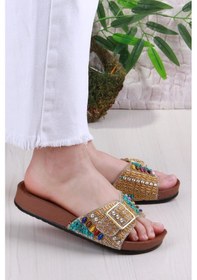 Resim Fort Pienn 20050 Anatomik Rahat Taşlı Boncuklu Tek Tokalı Kadın Terlik Altın 