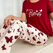 Resim Kırmızı Kelebek Baskılı ve Harf Tasarımı ile Kadınlar için Rahat ve Şık Pijama Takımı, Uzun Pantolon, Yuvarlak Yaka - Tüm Mevsimler için Rahat ve Şık Uyku Giyimi, Her Gün Ev Giyimi|Oyunca Pijama Takımı|Kelebek Baskılı Pantolon 