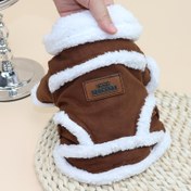 Resim Küçük Köpekler & Kediler için Rahat Kahverengi & Beyaz Çizgili Kışlık Evcil Hayvan Kabanı - Sıcak, Yumuşak Polyester, Çıtçıtlı Düğmelerle, Teddy, Schnauzer, Pomeranian için İdeal, Köpek Kışlık Giysileri 
