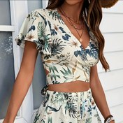 Resim Shenweike Yazlık Plaj Çiçekli Tropikal Baskılı Crop Top ve Şort Takımı 