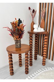 Resim ASELYA HOME Ahşap 2’li Set Boncuk Ayaklı Yan Sehpa Modern Açık Ceviz Fiskos Zigon Çiçeklik 