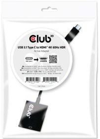 Resim Club3D USB 3.1 Type C to HDMI 2.0 UHD 4K 60Hz Active Çevirici 