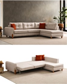 Resim Velura Home & Living Rivaldu Köşe Takımı & Mekanizmalı Köşe Koltuk - Krem Keten Kumaş 