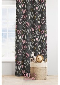 Resim Gri Kalpler Desenli Fon Perde Çocuk Ve Bebek Odası Süet Dijital Baskılı Ekstrafor Büzgü Tek Kanat Çok Renkli 