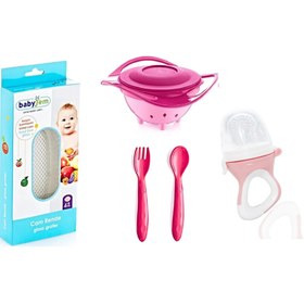 Resim Babyjem Cam Rende + Dökülmeyen Tabak + Mama Kaşık Çatal Takımı + Silikon Uçlu Meyve Sebze Emziği 