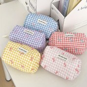 Resim Neşeli Ev Unisex Polyester Kozmetik Çantası, Karışık Renkli Gingham Fiyonk Tasarımı, Kaş Kalemi Saklama için Taşınabilir Makyaj Çantası, Kokusuz ve Rastgele Baskılı 