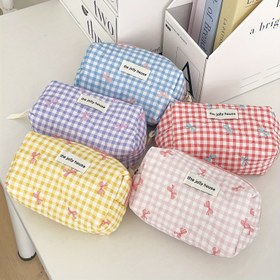 Resim Neşeli Ev Unisex Polyester Kozmetik Çantası, Karışık Renkli Gingham Fiyonk Tasarımı, Kaş Kalemi Saklama için Taşınabilir Makyaj Çantası, Kokusuz ve Rastgele Baskılı 
