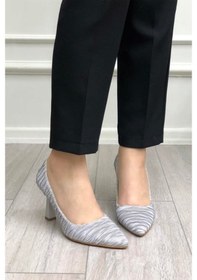 Resim Feles Kırışık Saten Stiletto Kadın Topuklu Ayakkabı GÜMÜŞ 