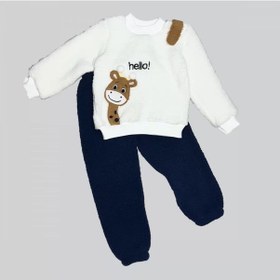 Resim Melonika 1-2-3 Yaş Hello Zürafa Nakışlı Kuzu Kumaş Sweat Pantolon Uzun Kollu Kız Erkek 2 Li Takımı Lacivert Çok Renkli 