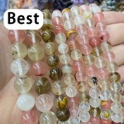 Resim Doğal Karpuz Taşlı Kiraz Kuvars Yuvarlak Boncuklar Takı Yapımı için İplik Bileklik DIY 15" İp 