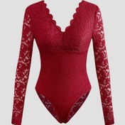Resim Şık Bordo Dantel Bodysuit - Uzun Kollu Şeffaf Panel Tek Parça & Sırt Fermuarlı, Dar Kesim Düğün Misafiri/Parti Kıyafeti, Dolgu Yok (El Yıkama/Kuru Temizleme) - Dantel Süslemeli Kol & Etek (Stil 10717) 
