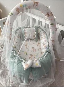 Resim Nest Wafle Yeşil Pike Kumaş Poplin Kumaş Ponponlu Jaju-babynest Oyuncak Aparat Ve Tül Set 
