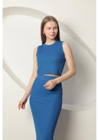 Resim Chıcnhappy Triko Kumaş Croplu Etek Kadın Takım Saks Mavisi - %100 Polyester Saks 