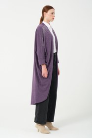 Resim HatunAtila Oversize Sıra Taşlı Hera Kumaş Panço 8555 Mürdüm - Mürdüm / Standart - Oversize 