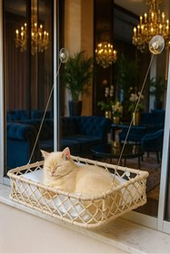 Resim Tasaryum El Örgüsü Kedi ve Köpek Vantuzlu Cam Yatağı, Hamak Krem 