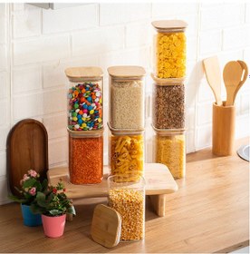 Resim Porsima 4395 8li Kare 1100 Ml Bambu Vakumlu Kapaklı Cam Kavanoz Seti Saklama Kabı 10x15cm Şeffaf 