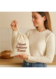 Resim Ekmek Saklama Kesesi Müslin Nakışlı Ekru 
