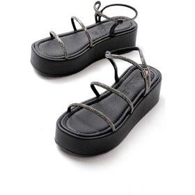 Resim 861-1008 Siyah Platin Taşlı Dolgu Topuklu Kadın Sandalet Siyah Platin 