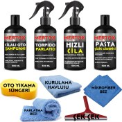 Resim Mertox Otomobil Araç Araba Oto Temizlik ve Bakım Seti Oto Şampuanı+Torpido Parlatıcı+Hızlı Cila ve Ince Pasta Çizik Giderici 4X500ML 