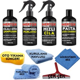 Resim Mertox Otomobil Araç Araba Oto Temizlik ve Bakım Seti Oto Şampuanı+Torpido Parlatıcı+Hızlı Cila ve Ince Pasta Çizik Giderici 4X500ML 