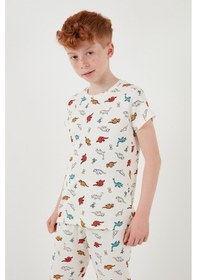 Resim Lela Desenli % 100 Pamuk Bisiklet Yaka Erkek Çocuk Pijama Takımı 6651001 Ekru-Kırmızı 
