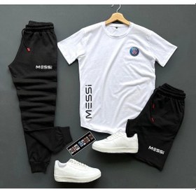Resim 3'lü Unisex Şort-eşofman Altı-tişört Slim Fit Messi Baskılı Takım Kombin Alt Üst Mes Beyaz 