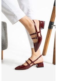 Resim Albishoes Kadın Kare Topuklu 5 Cm Rugan Arkası Açık Sivri Burun Ayakkabı Alçak Topuk Kadın Ayakkabı Bordo 