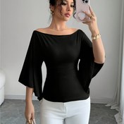 Resim Kadınlar için Omuzdan Askılı Bell Kollu T-Shirt - Düz Renk Mor, Ruched Tasarım, Yüksek-Düşük Etek, Esnek Polyester Karışımı, Makinede Yıkanabilir, Bahar/Yaz/Sonbahar için Mükemmel, Rahat Giyim | Ruched Dokulu | Esnek Kumaş 