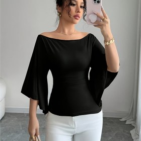 Resim Kadınlar için Omuzdan Askılı Bell Kollu T-Shirt - Düz Renk Mor, Ruched Tasarım, Yüksek-Düşük Etek, Esnek Polyester Karışımı, Makinede Yıkanabilir, Bahar/Yaz/Sonbahar için Mükemmel, Rahat Giyim | Ruched Dokulu | Esnek Kumaş 