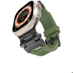 Resim Apple Watch Ultra 49mm Uyumlu Kordon Metal Başlıklı Silikon Zore KRD-108 Kayış Siyah-Yeşil 