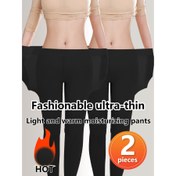 Resim 2 Adet Kadın Yüksek Bel Ultra İnce Dikişsiz Termal Tayt - Plus Beden Dayanıklı Naylon/Spandex Karışımı Pantolon, Hafif Sıcak Nemlendirici Kışlık Tayt, Kot/Elbise İçin Taban Katmanı (Tüm Pantolon Stilleriyle Uyumlu) 