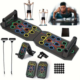 Resim Yükseltilmiş 30 Delikli Push-Up Tahtası - Çok Fonksiyonlu Göğüs Kası Eğitmeni (Ev/Jimnastik), 2 Direnç Bandı + Kaymaz Tutacaklar + Saklama Çantası ile, Siyah Fitness Ekipmanı (Taşınabilir, Ayarlanabilir) 