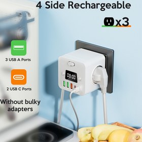 Resim 9'lu Seyahat Dostu Duvar Montaj Güç Küpü Zaman Göstergesi ile - 3 AC Çıkışı ve 5 USB Bağlantı Noktası (2 USB C) için Çok Yönlü Kullanım İçin Harika, Oturma Odaları ve İş İstasyonları İçin İdeal, Mutfak Aletleri ve Şarj İstasyonları İçin İdeal 