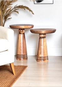 Resim AYLESA Doğal Ahşap 2’li Set Mantar Yan Sehpa Modern Fiskos Zigon Çiçeklik 